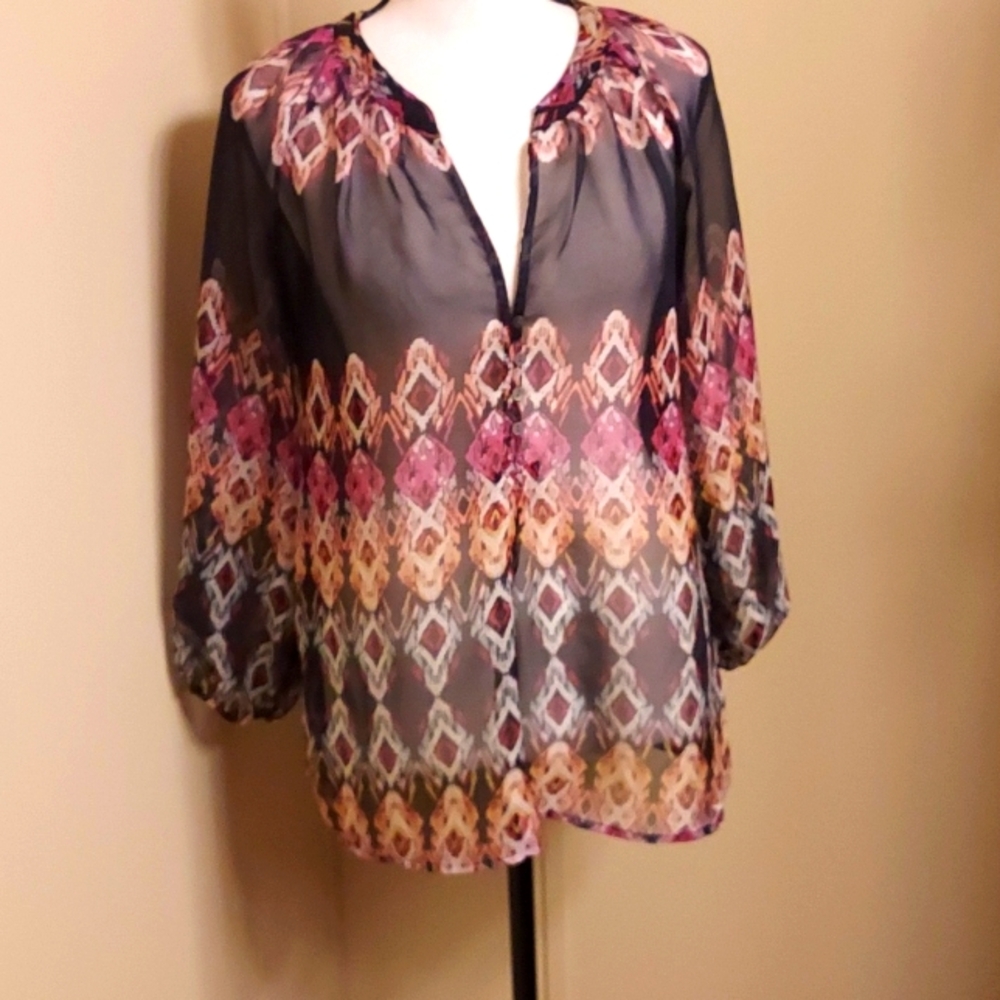 Zoa New York Multicolor Patterned Sheer Blouse